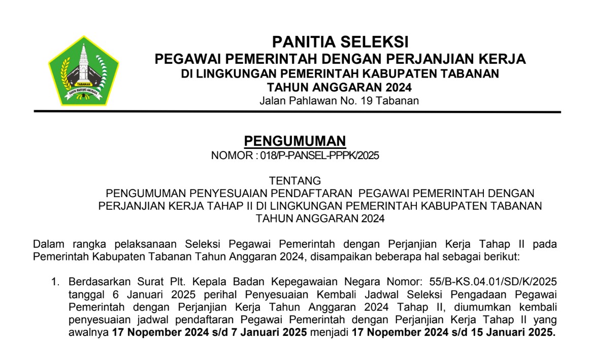 Pengumuman Penyesuaian Pendaftaran Pegawai Pemerintah Dengan Perjanjian Kerja Tahap II di Lingkungan Pemerintah Kabupaten Tabanan Tahun Anggaran 2024