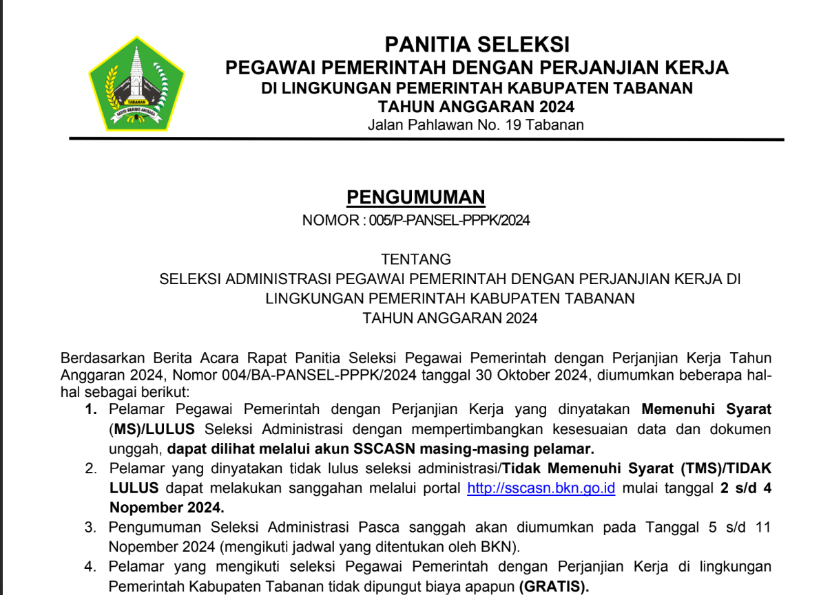 Pengumuman Seleksi Administrasi Pegawai Pemerintah Dengan Perjanjian Kerja  Di Lingkungan Pemerintah Kabupaten Tabanan Tahun Anggaran 2024