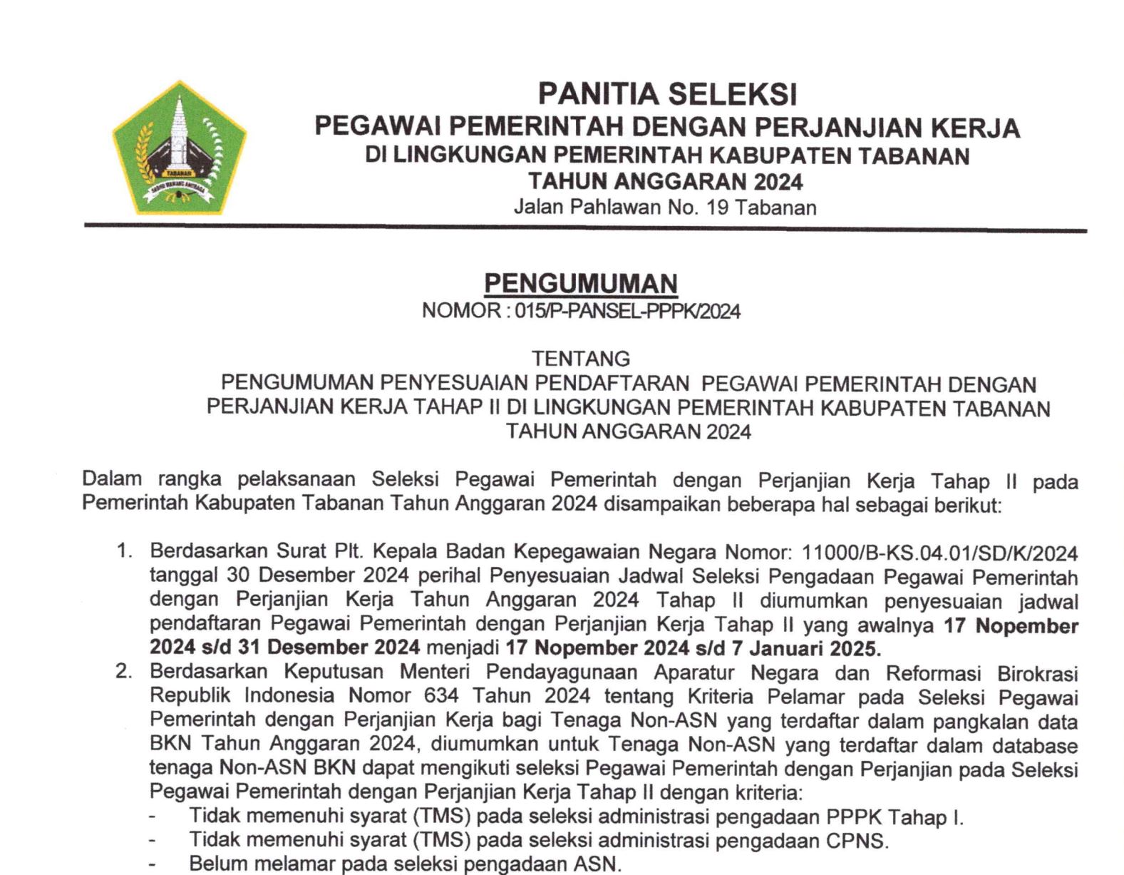 Pengumuman penyesuaian Pendaftaran Pegawai Pemerintah dengan Perjanjian Kerja Tahap II di Lingkungan Pemerintah Kabupaten Tabanan Tahun Anggaran 2024