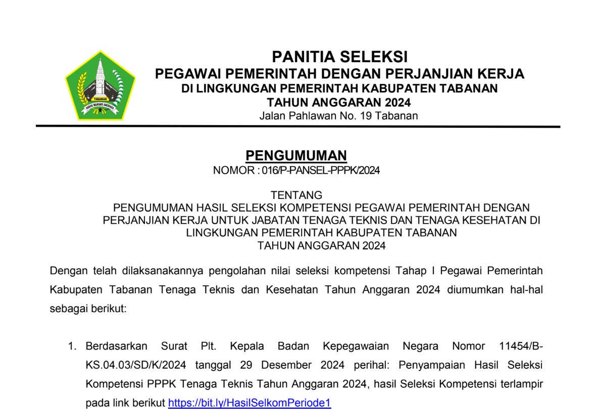 Pengumuman Hasil Seleksi Kompetensi Pegawai Pemerintah Dengan Perjanjian Kerja Untuk Jabatan Fungsional Guru Di Lingkungan Pemerintah Kabupaten Tabanan Tahun Anggaran 2024