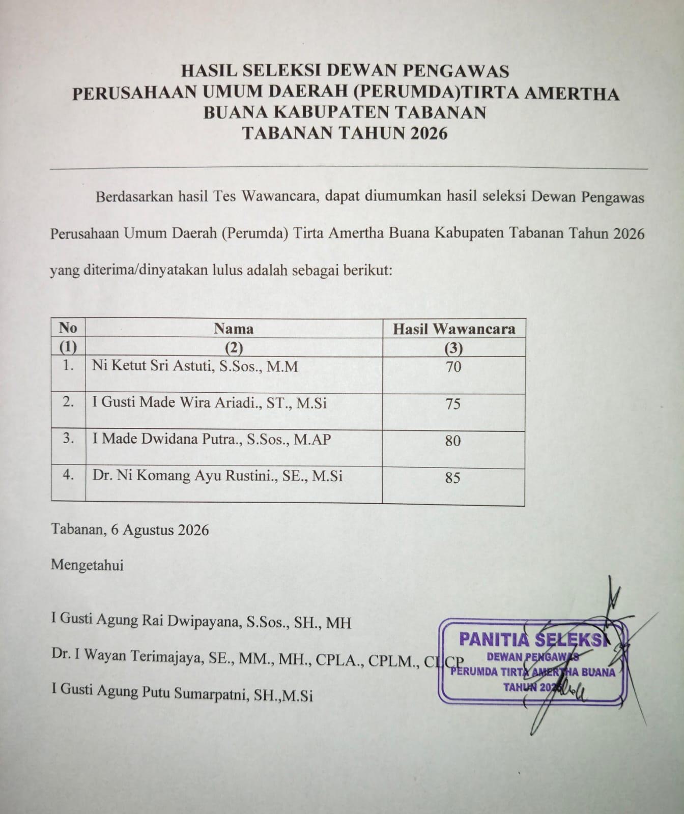 HASIL SELEKSI DEWAN PENGAWAS PERUSAHAAN UMUM DAERAH (PERUMDA) TIRTA AMERTHA BUANA KABUPATEN TABANAN TAHUN 2026