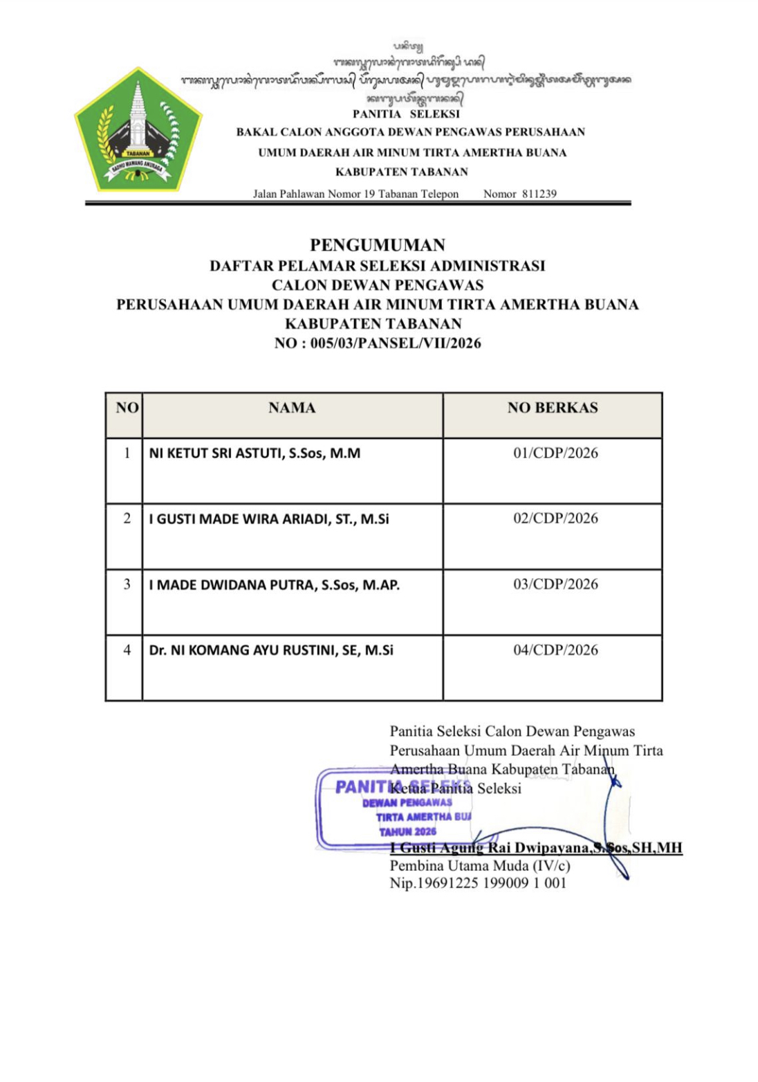 PENGUMUMAN DAFTAR PELAMAR SELEKSI ADMINISTRASI CALON DEWAN PENGAWAS PERUSAHAAN UMUM DAERAH AIR MINUM TIRTA AMERTHA BUANA KABUPATEN TABANAN