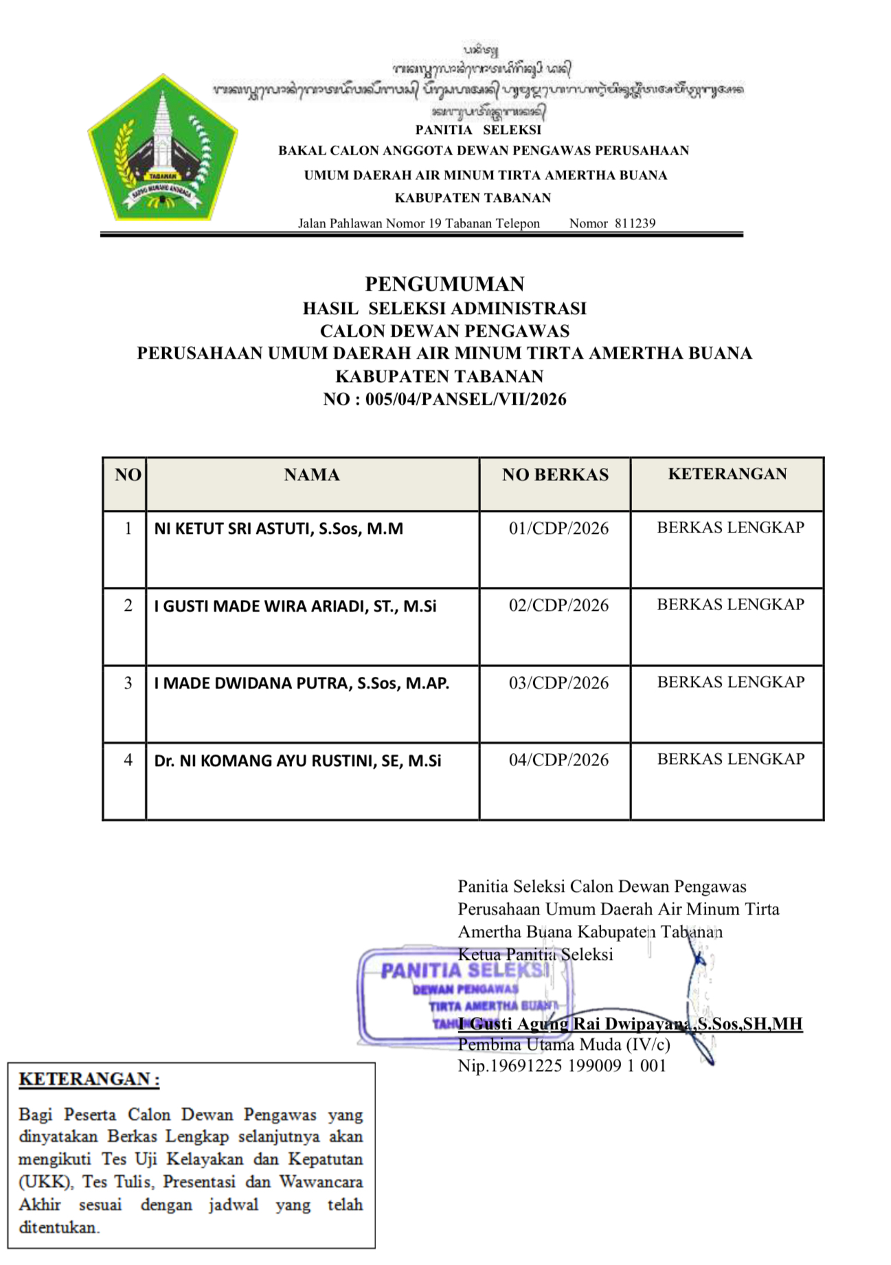 PENGUMUMAN HASIL SELEKSI ADMINISTRASI CALON DEWAN PENGAWAS PERUSAHAAN UMUM DAERAH AIR MINUM TIRTA AMERTHA BUANA KABUPATEN TABANAN