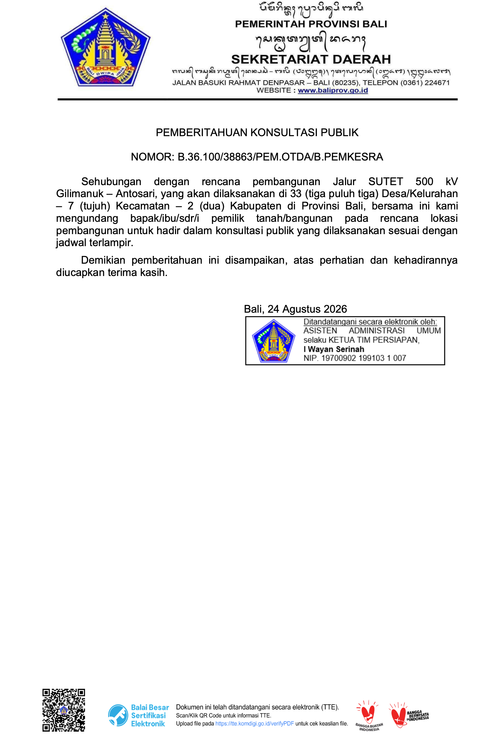 Pemberitahuan Konsultasi Publik Rencana Pembangunan Jalur SUTET 500 kV Gilimanuk – Antosari
