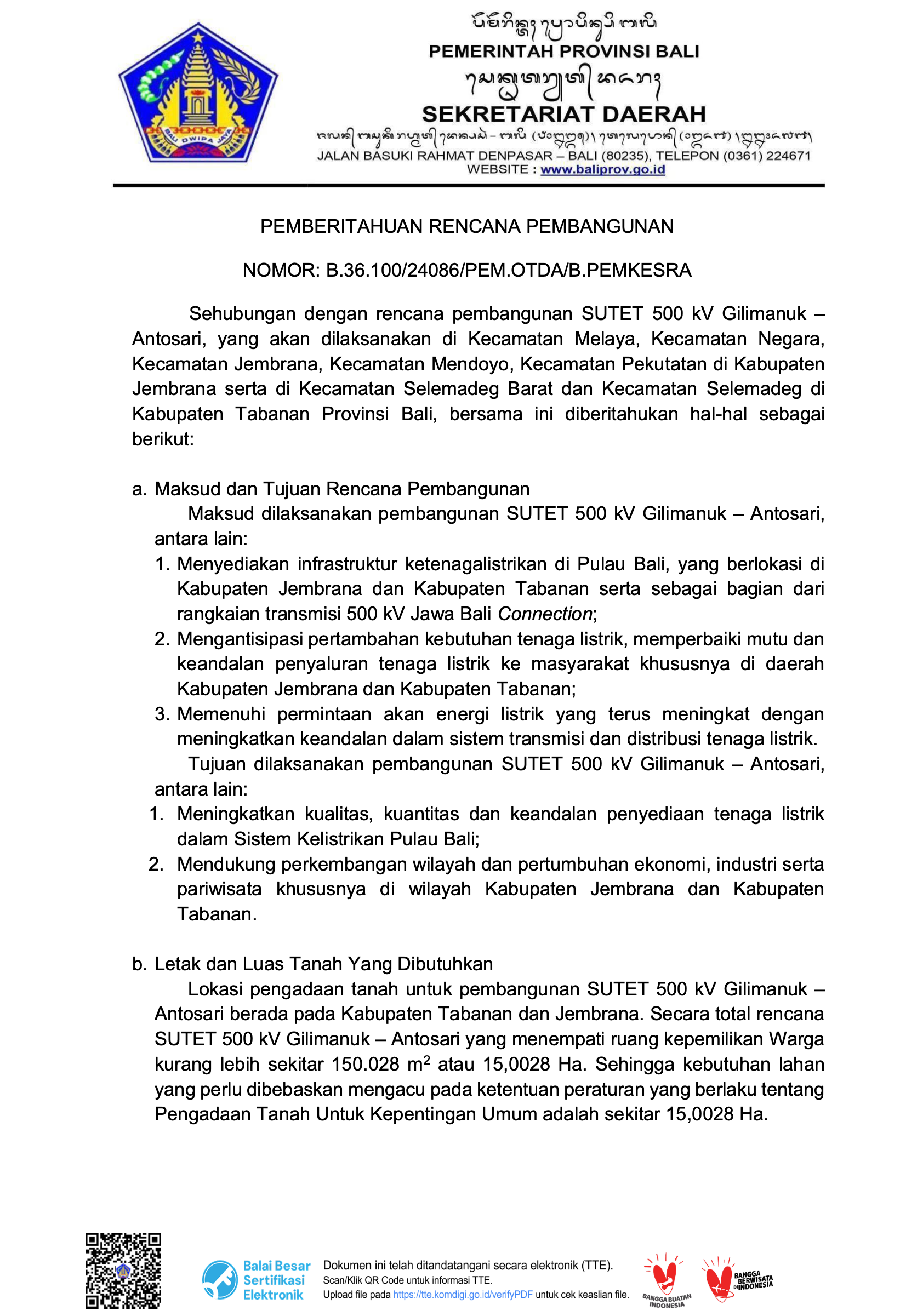 Pengumuman Surat Permohonan Publikasi Pemberitahuan Rencana Pembangunan SUTET Gilimanuk-Antosari 